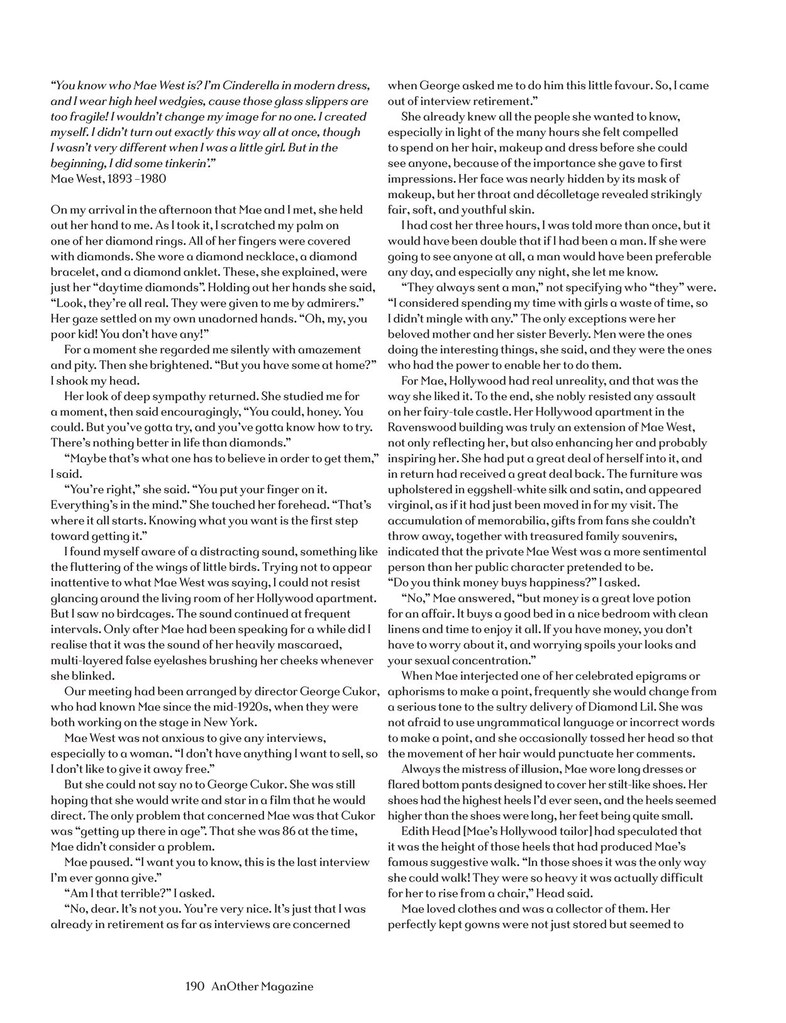 Mae West for AnOther Magazine Autumn/Winter 2009 interview