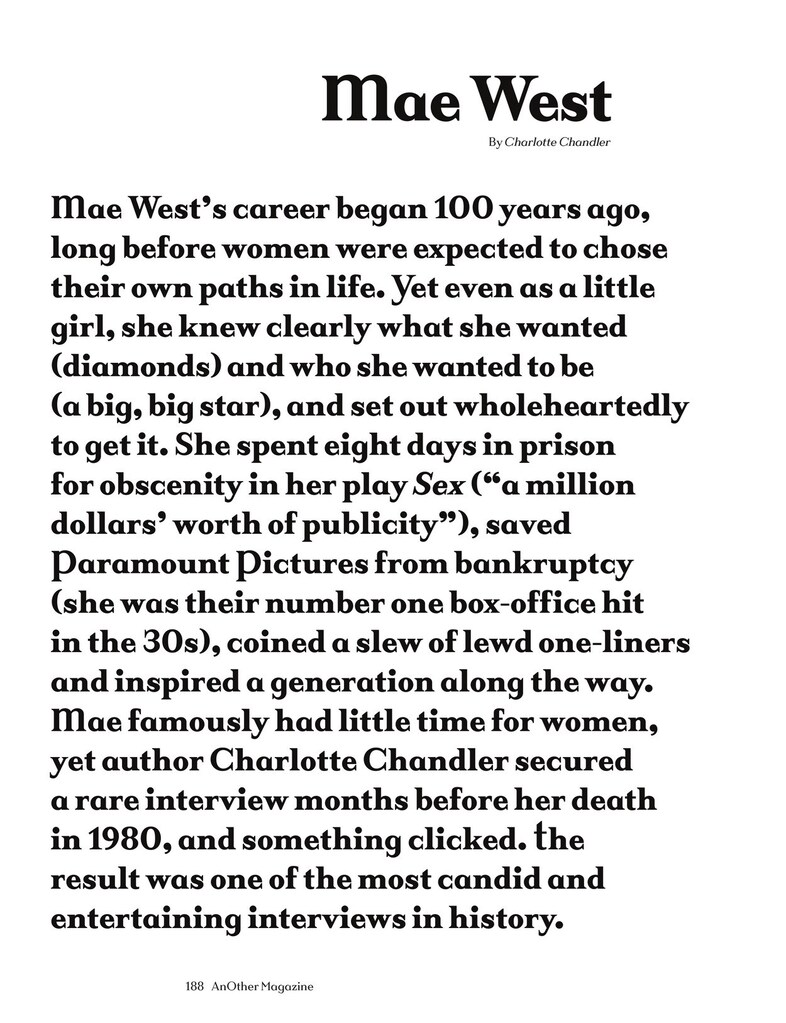 Mae West for AnOther Magazine Autumn/Winter 2009 interview