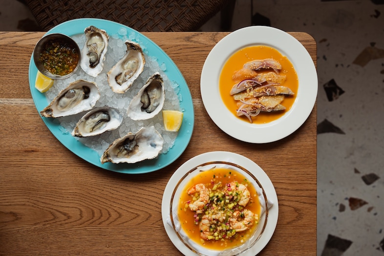 Maldon oysters, Prawn ceviche, Sea Bream aguachile