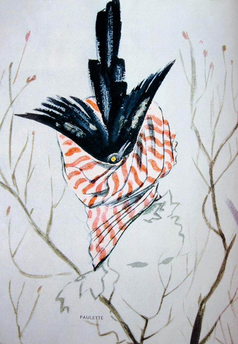 Striped surah turban topped with a straw blackbird, 1944