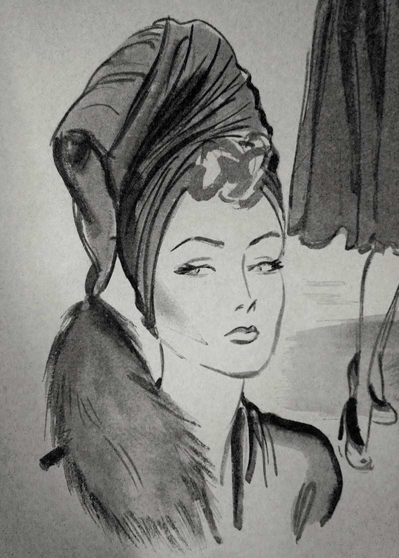 Draped turban finished with foxtail, 1942. Illustration by R