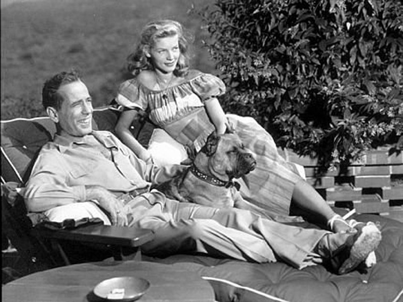 Humphrey Bogart and Lauren Bacall with their pet boxer, Harv