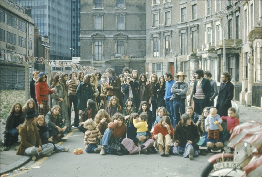 Group photo of squatters in Tolmers Square, organized as par