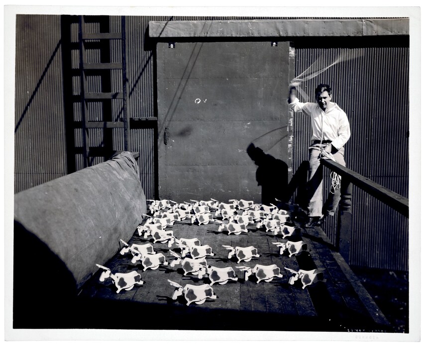 Alexander Calder wrangling toy bulls, 1927