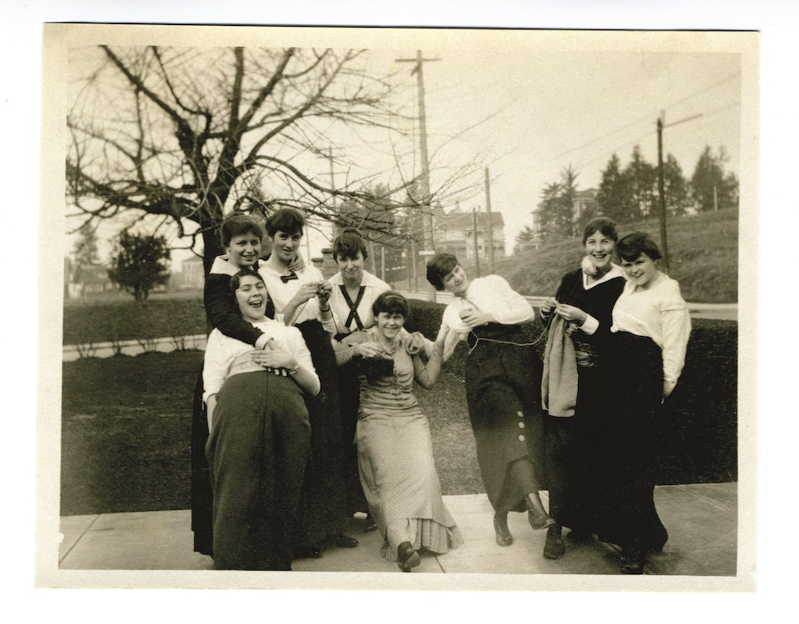 Photograph of women, most likely in a knitting circle, ca. 1