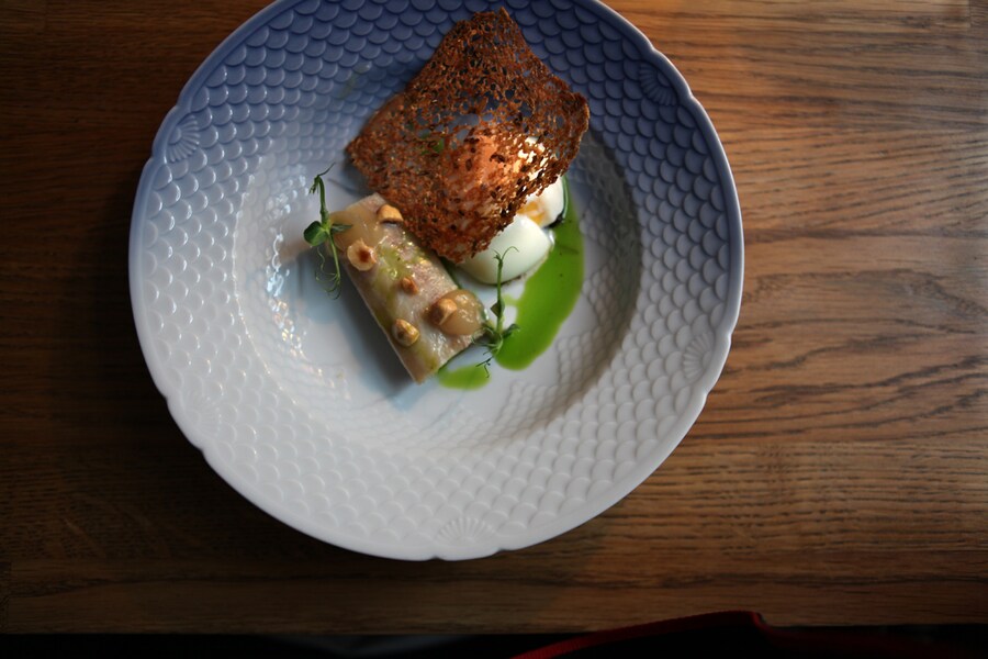 Cofoco smoked eel with egg, hazelnut and pear