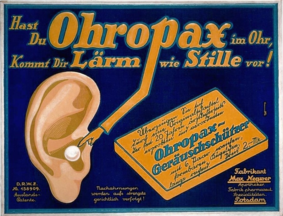 Ohropax earplug advertising panel, 1928.
