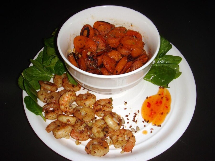 Spicy Carrots with Dijon Golden Brown Shrimps