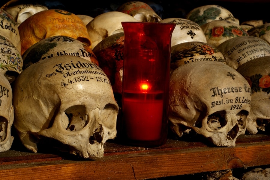 Decorated skulls at the ossuary of the Chapel of St. Michael