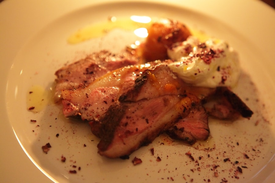 Rare Lamb with apricot, labneh and hibiscus salt