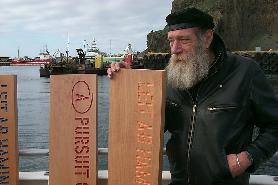 Lawrence Weiner about to leave port in Reykjavik to jettison