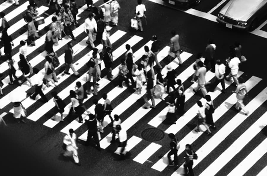 Crowds of people pedestrian crossing, high angle view, from 