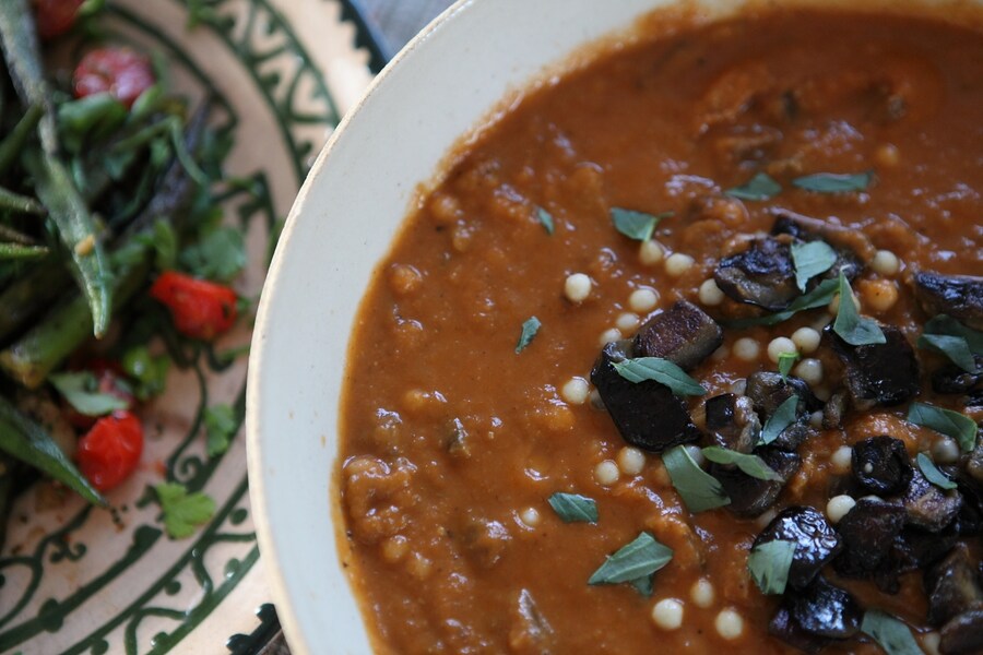 Burnt aubergine and mograbieh soup