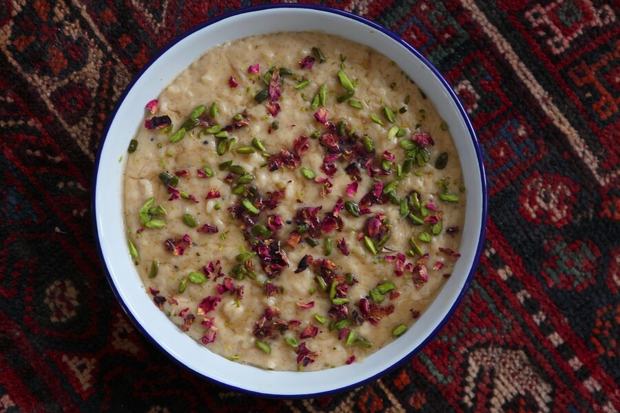 Cardamom rice pudding with pistachios and rose water