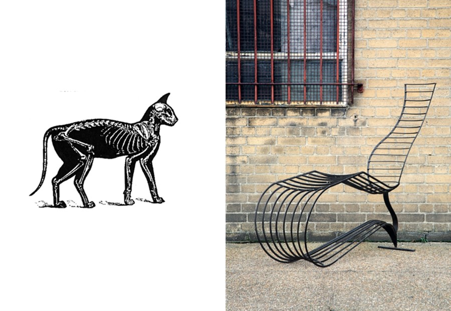 (L) Cat Skeleton, (R) Tom Dixon, Bolide Chaise, 1988