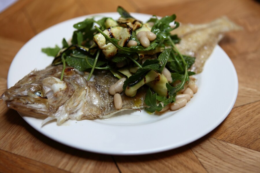 Megrim sole, courgettes and white beans