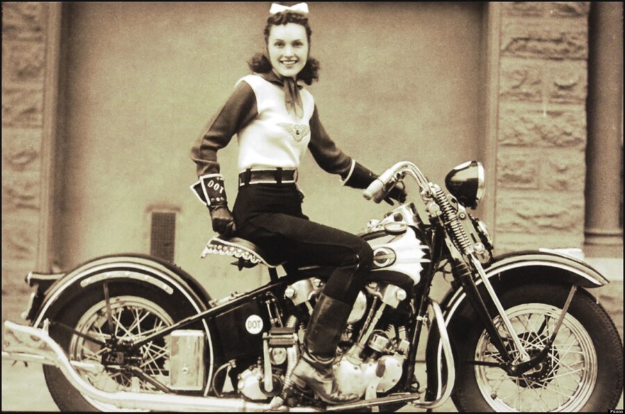 Dot Robinson riding a Harley EL Knucklehead