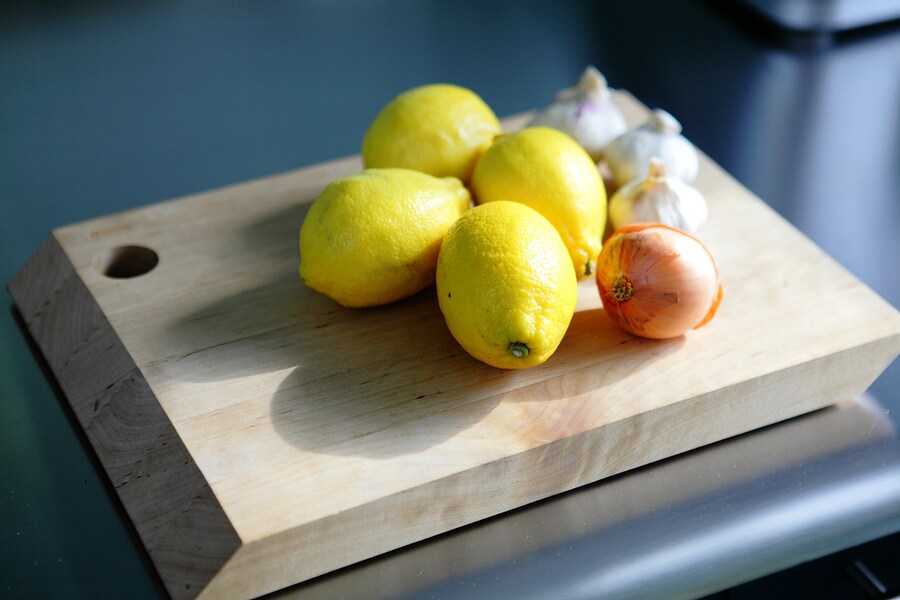A cutting board in Anissa Helou&#39;s kitchen