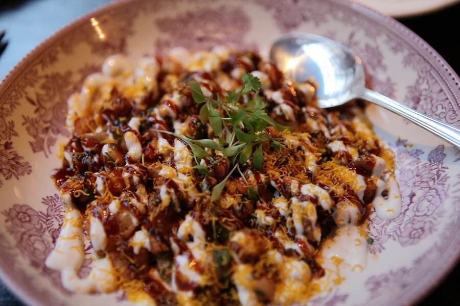 Potato chat, chickpeas, tamarind, sev