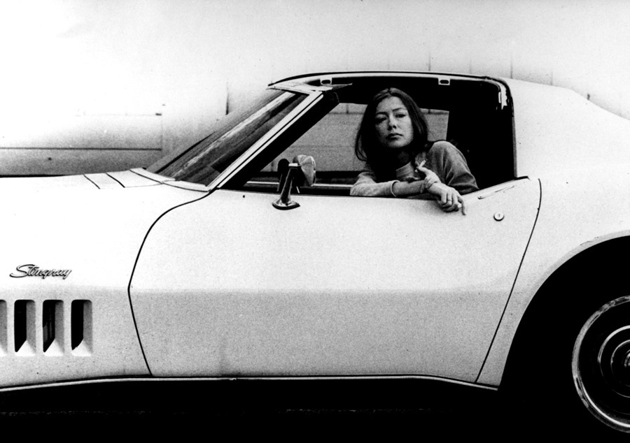 Joan Didion in her Chevy Corvette Stingray, Hollywood, 1974