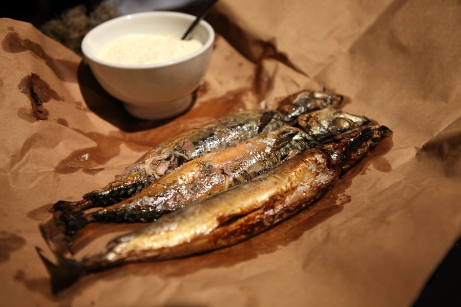 Unwrapped parcel of grilled Mackerel at the South London Gal