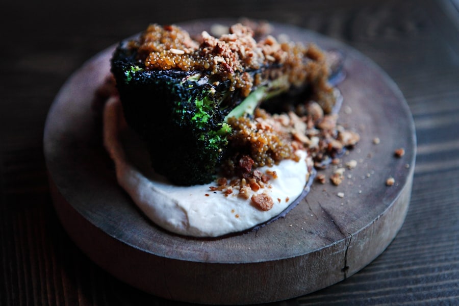 Burnt broccoli with pickled mustard seeds