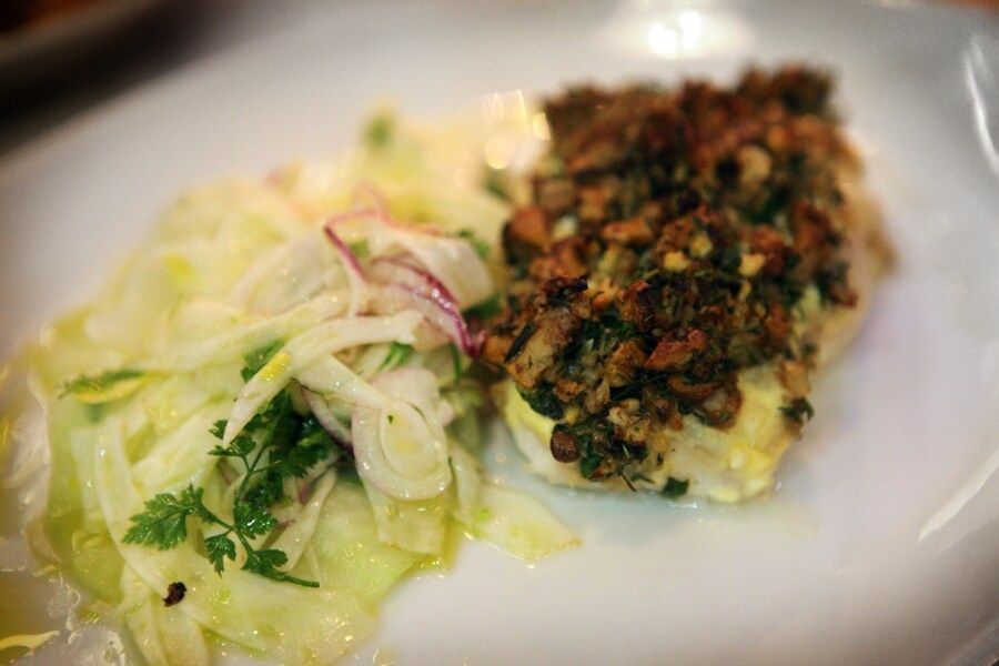 Buttermilk baked hake with walnuts
