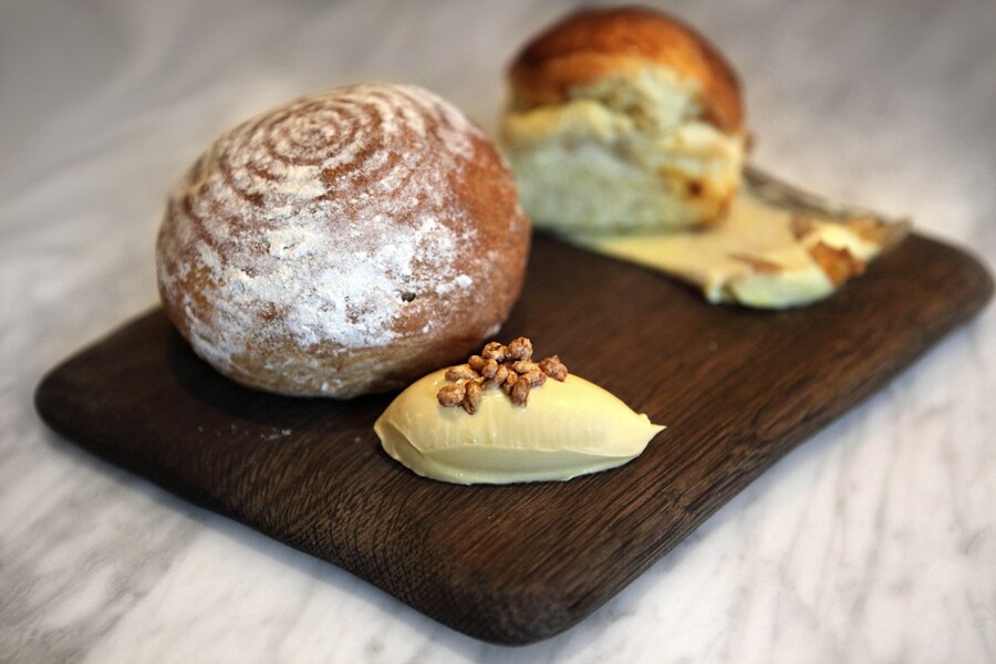 Rosemary brioche and roll with chicken skin butter and marmi
