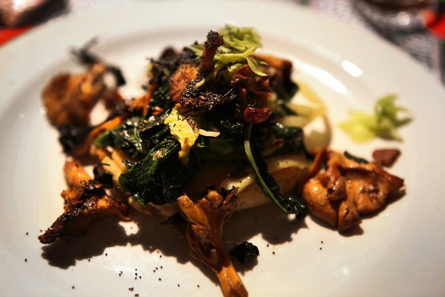 Fried wild mushrooms and kale