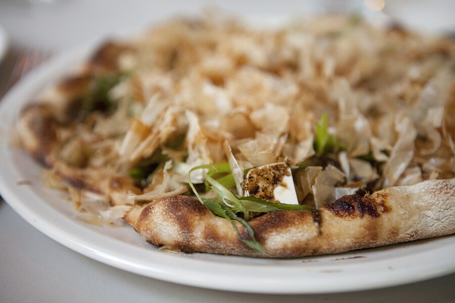 Bonito, tofu, potato and parmesan pizza