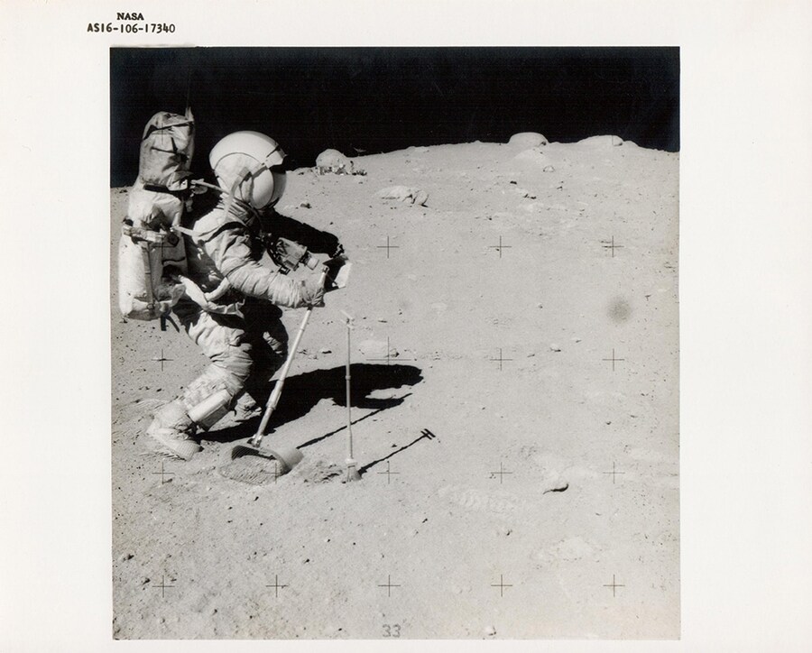 Charles Duke, John Young collects lunar samples, Apollo 16, 