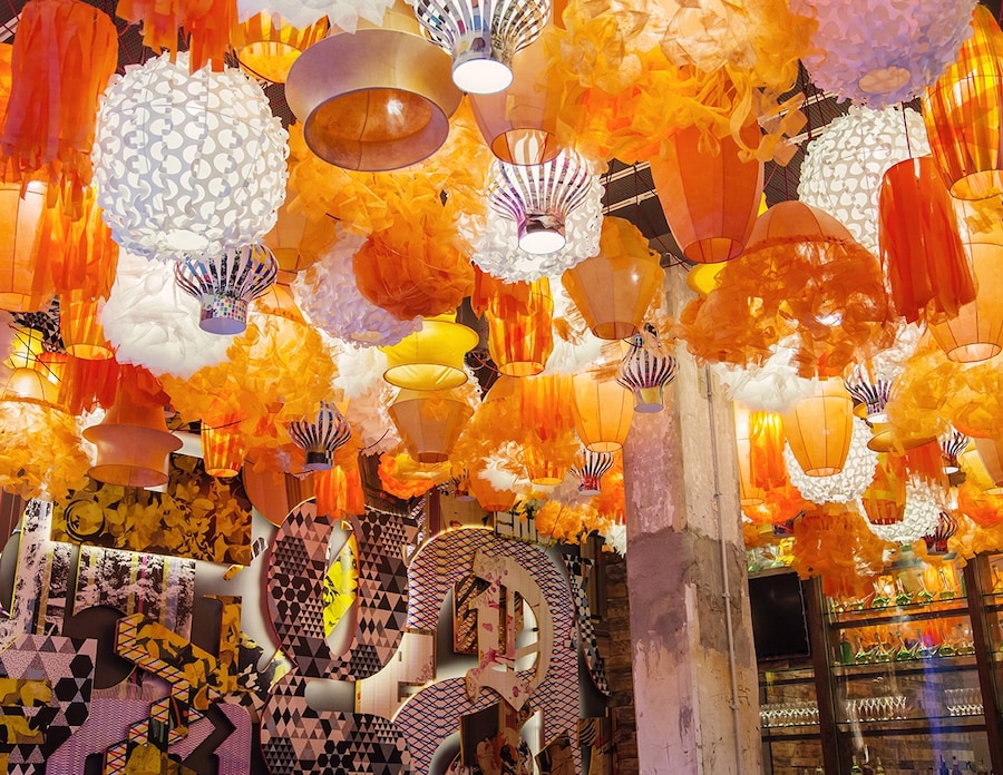 A paper lantern ceiling at Generator Barcelona