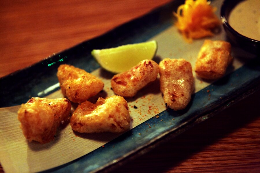 Pumpkin tempura with pickled pumpkin and creamy spicy shiso 