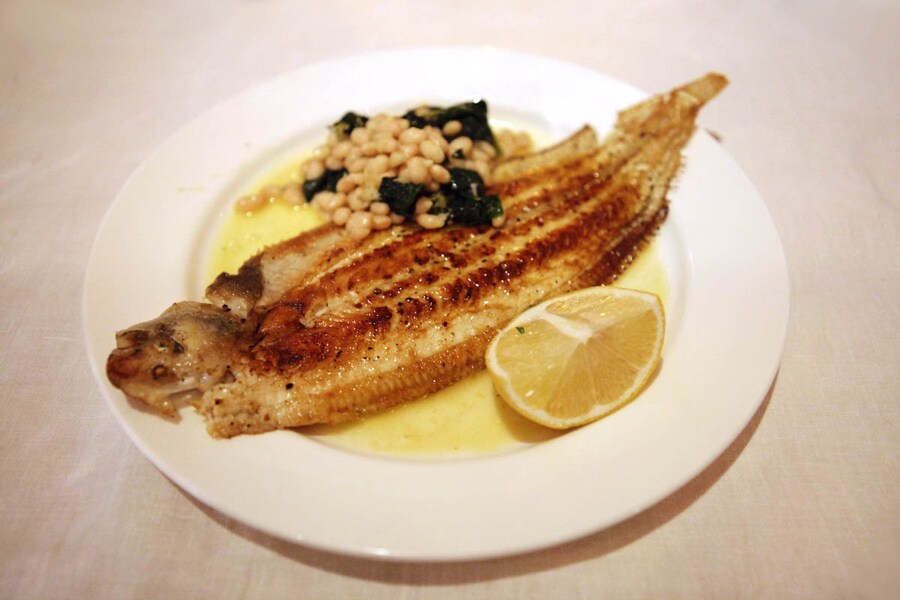 Dover sole with cannellini beans and three-cornered garlic