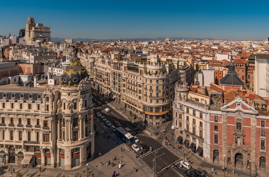 Panoramic view of Gran Via in Madrid
