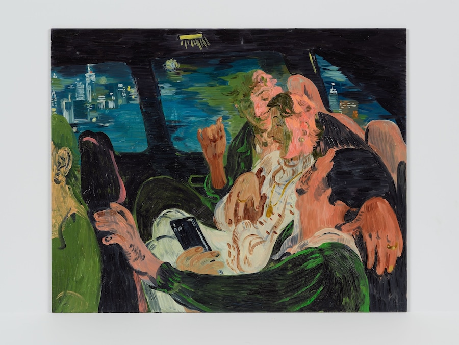 5. Salman Toor, Three Friends in a Cab (2021), Oil