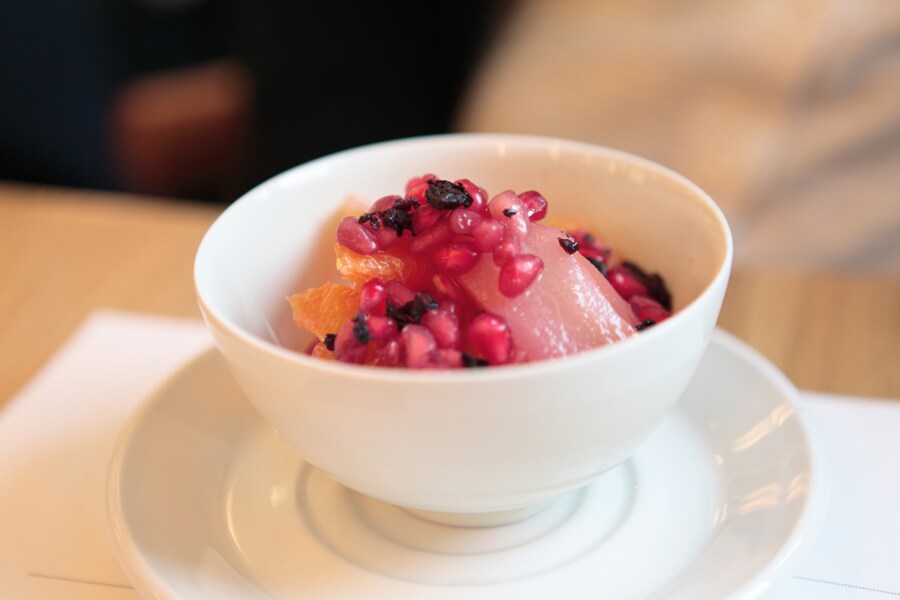 Dessert: Pomegranate, pear and blood orange salad with olive