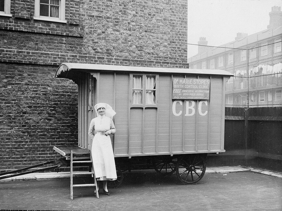 Birth control clinic in caravan, with nurse