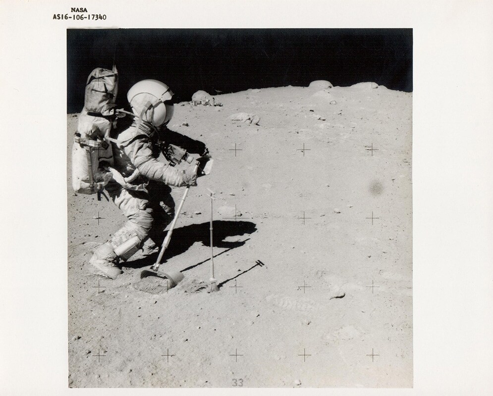 Charles Duke, John Young collects lunar samples, Apollo 16, 